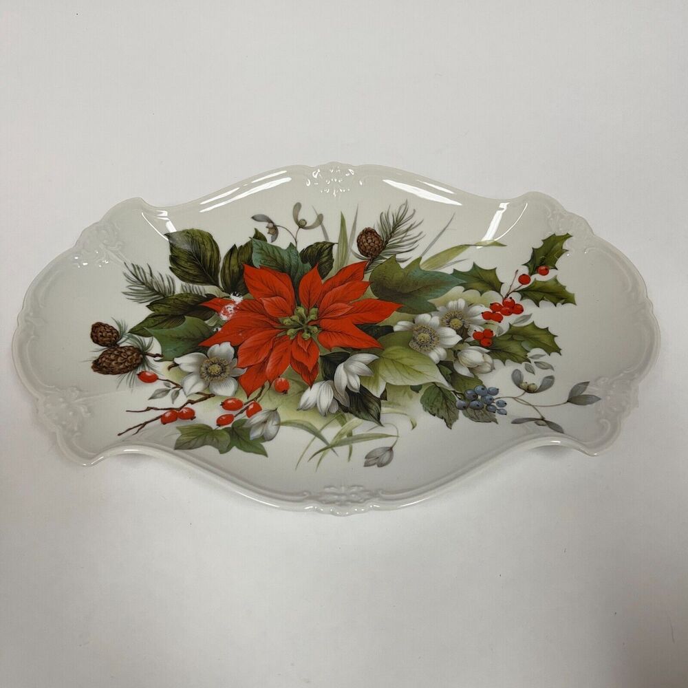 Tirschenreuth Bavaria Platter Tray Plate Fine Porcelain Poinsettia Acorn‎ Floral